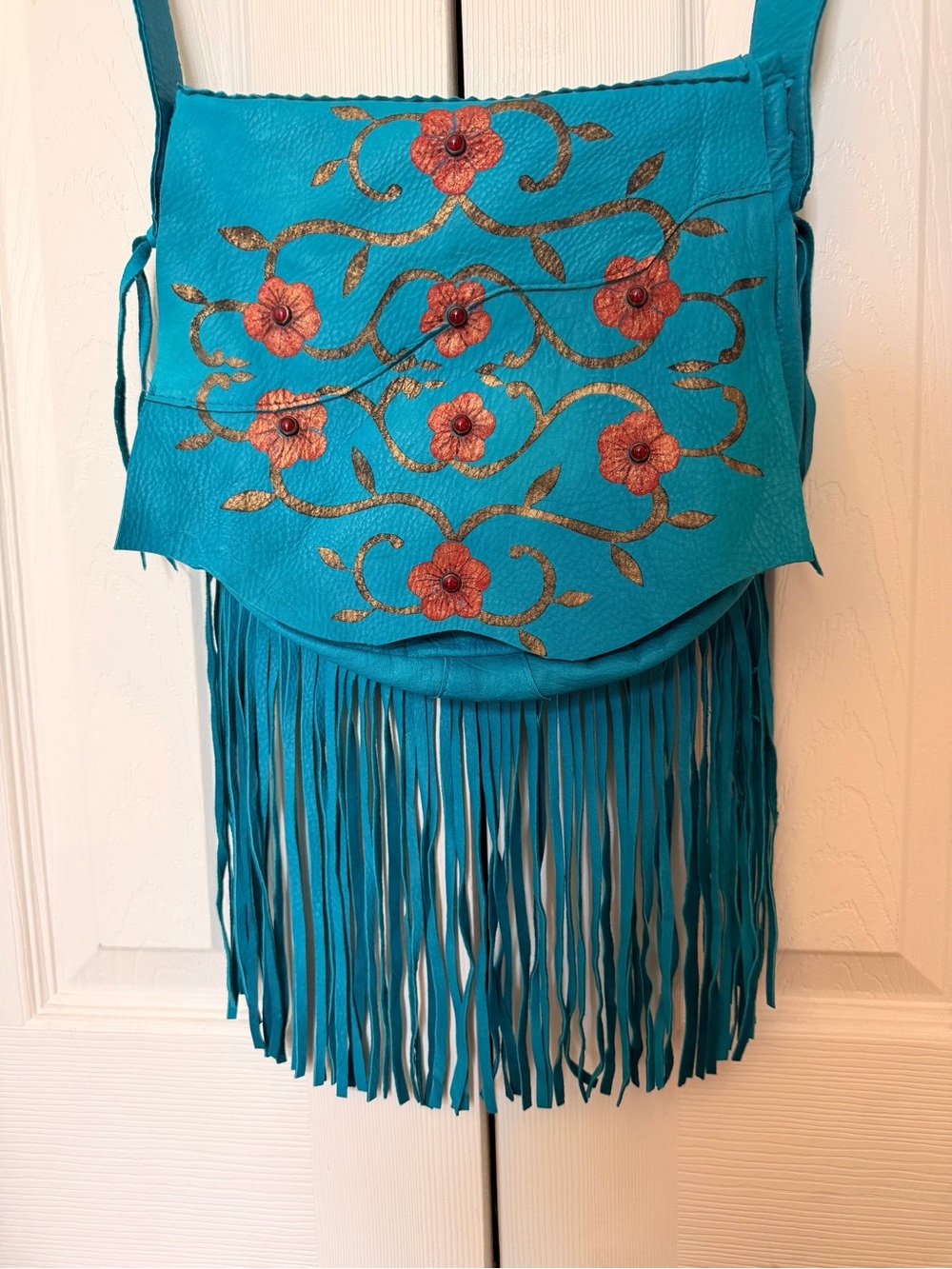 Turquoise Leather Handpainted Floral Fringe Crossbody Bag